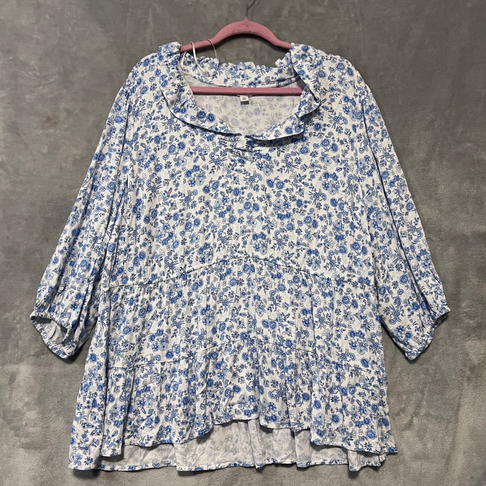 Crown & Ivy Blue White Floral Ruffle Neck Tiered Peplum Blouse Plus Size 3X - Picture 3 of 10